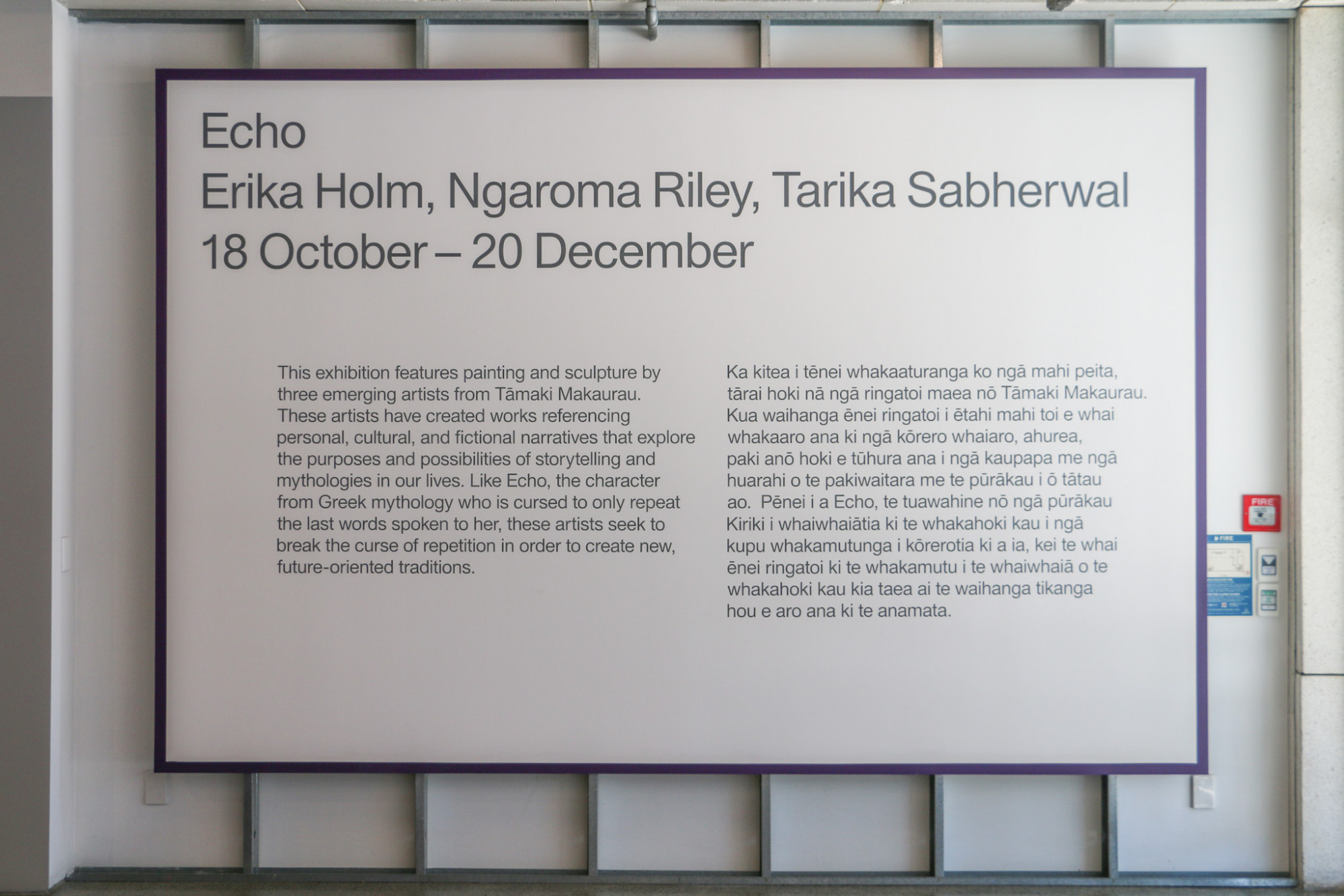 Image of exhibition wall text on a large board with a grey text and purple border hung on the gallery wall.
