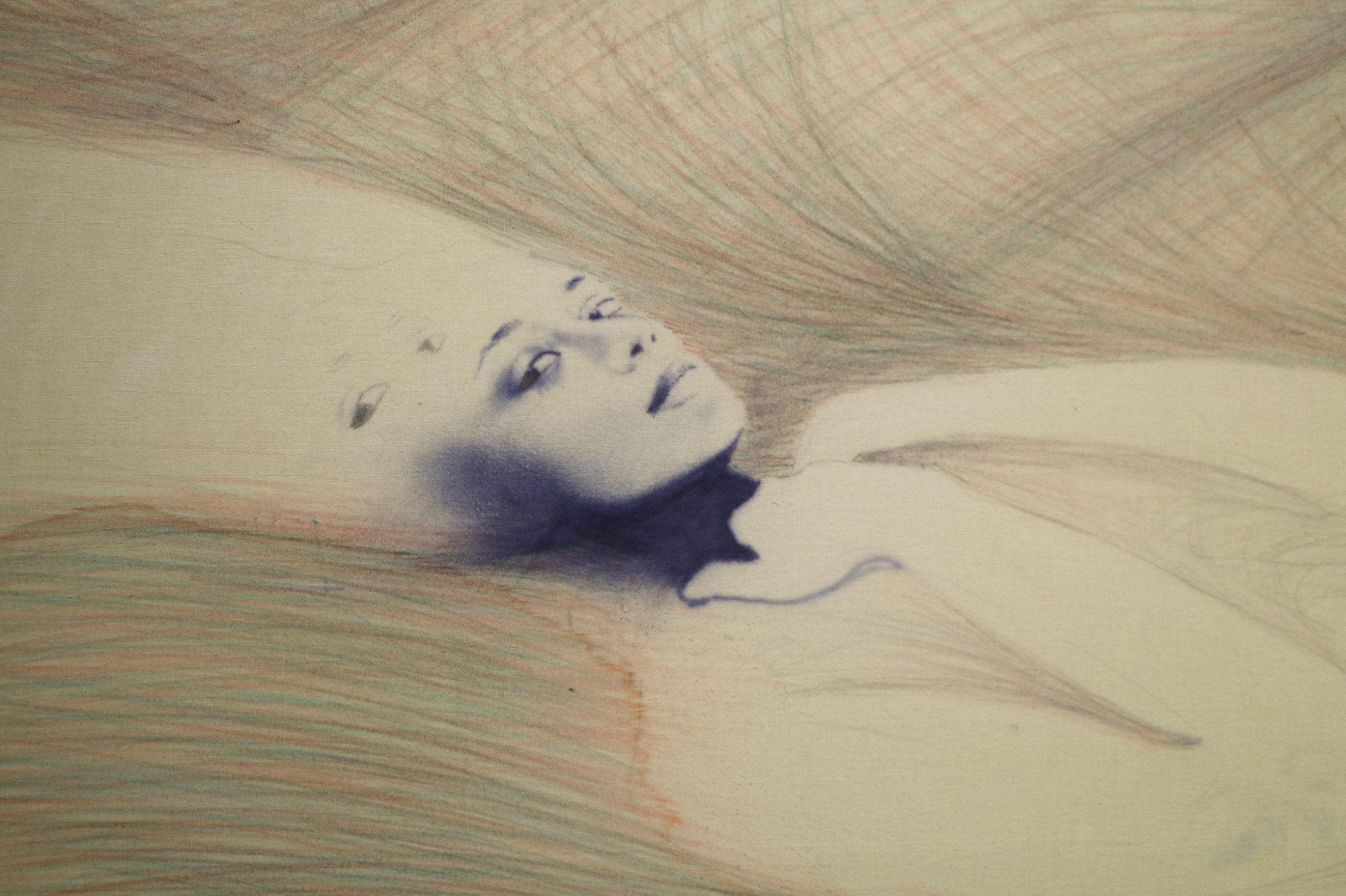 A close up of the figures face in a panting, her face is detailed while her hair and arms clutching at her neck are only outlined. Sketchy mark making fills the background.