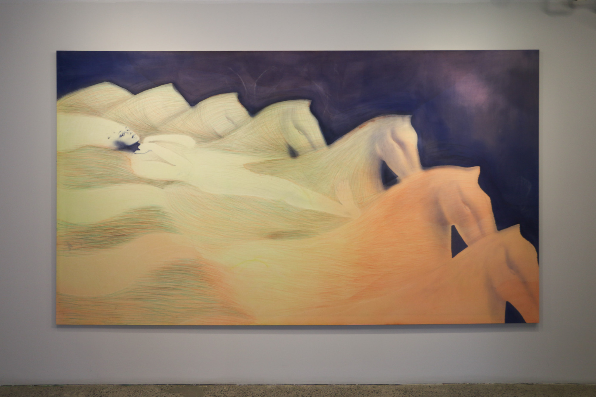 A large landscape painting is hung on a wall. The painting depicts a crowd of abstracted horses dragging a female figure, using airbrush and mark making techniques for a dream-scape effect.
