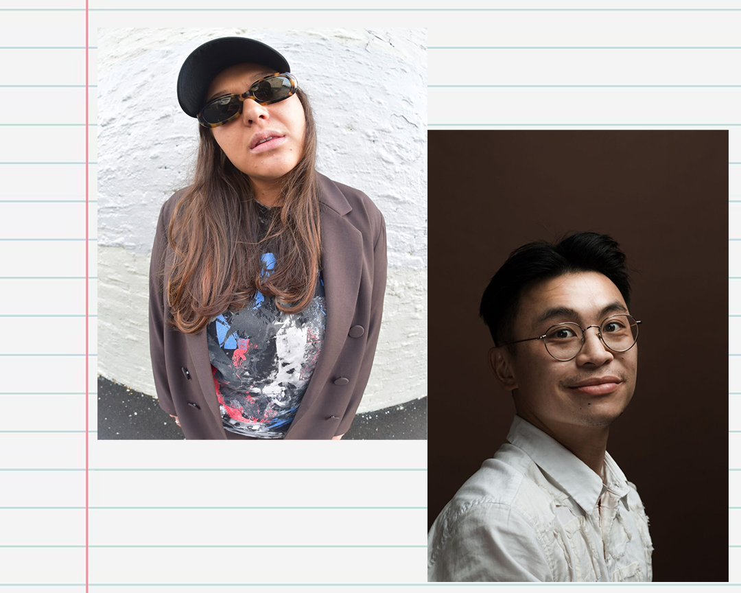 A headshot of Bea Gladding on the left and Nathan Joe on the right on an exercise book paper background