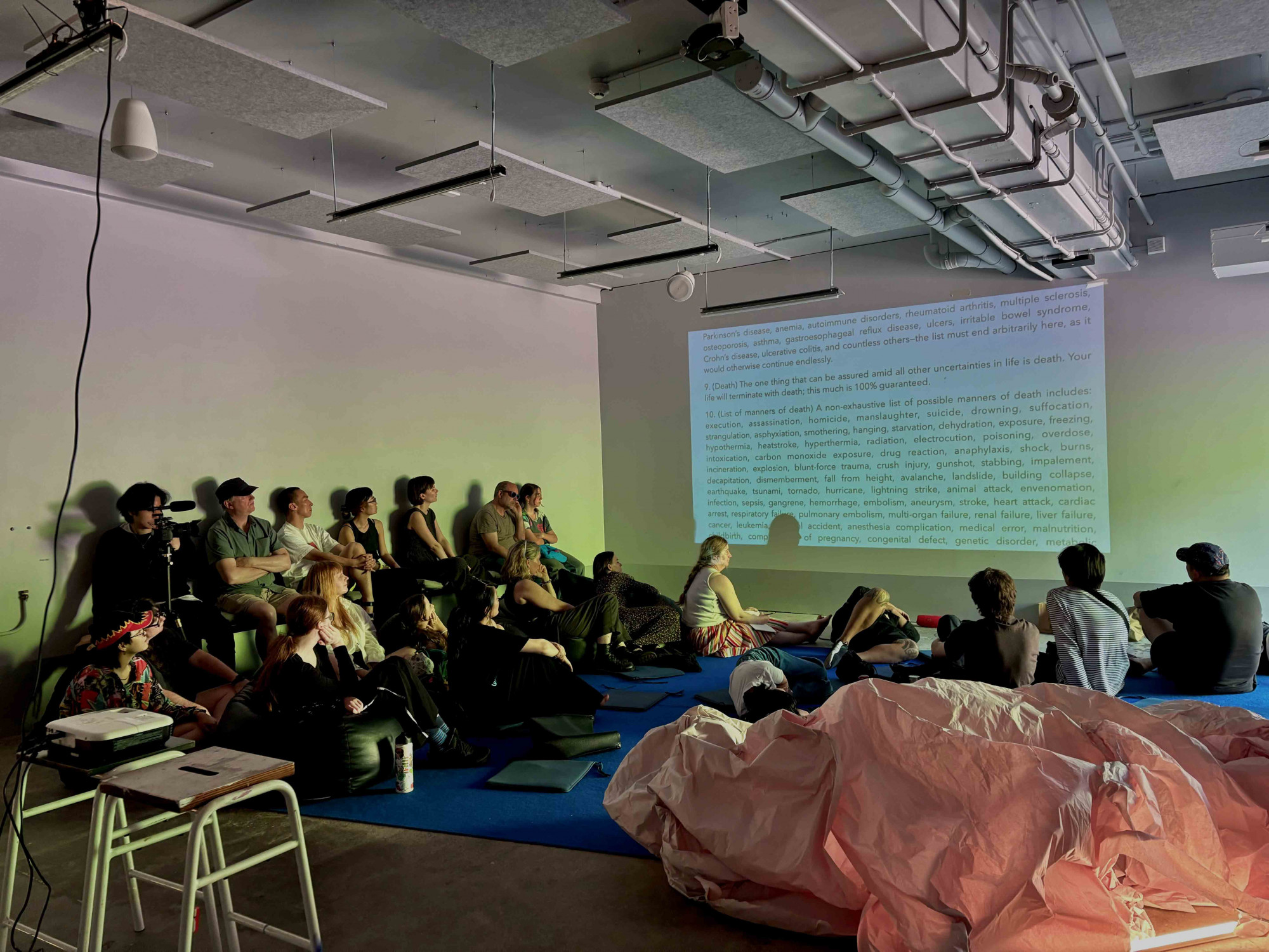 Around 20 people sitting in a space looking at the projector on the wall